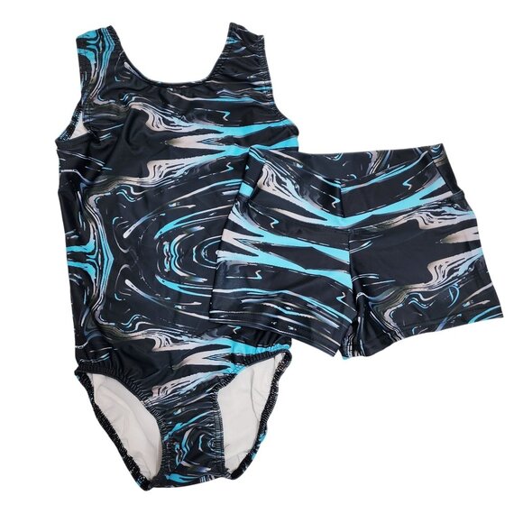 Girls Tank Swimsuit & Shorts Set Youth Size 8 Blue/Black - Picture 1 of 6